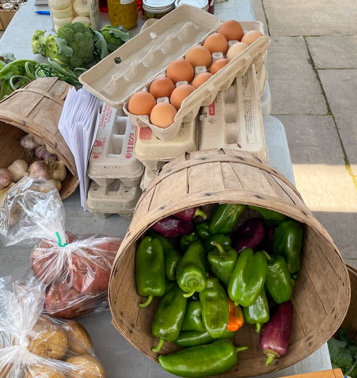 Whole foods found at the farmers market, includes eggs, peppers and vegetables.