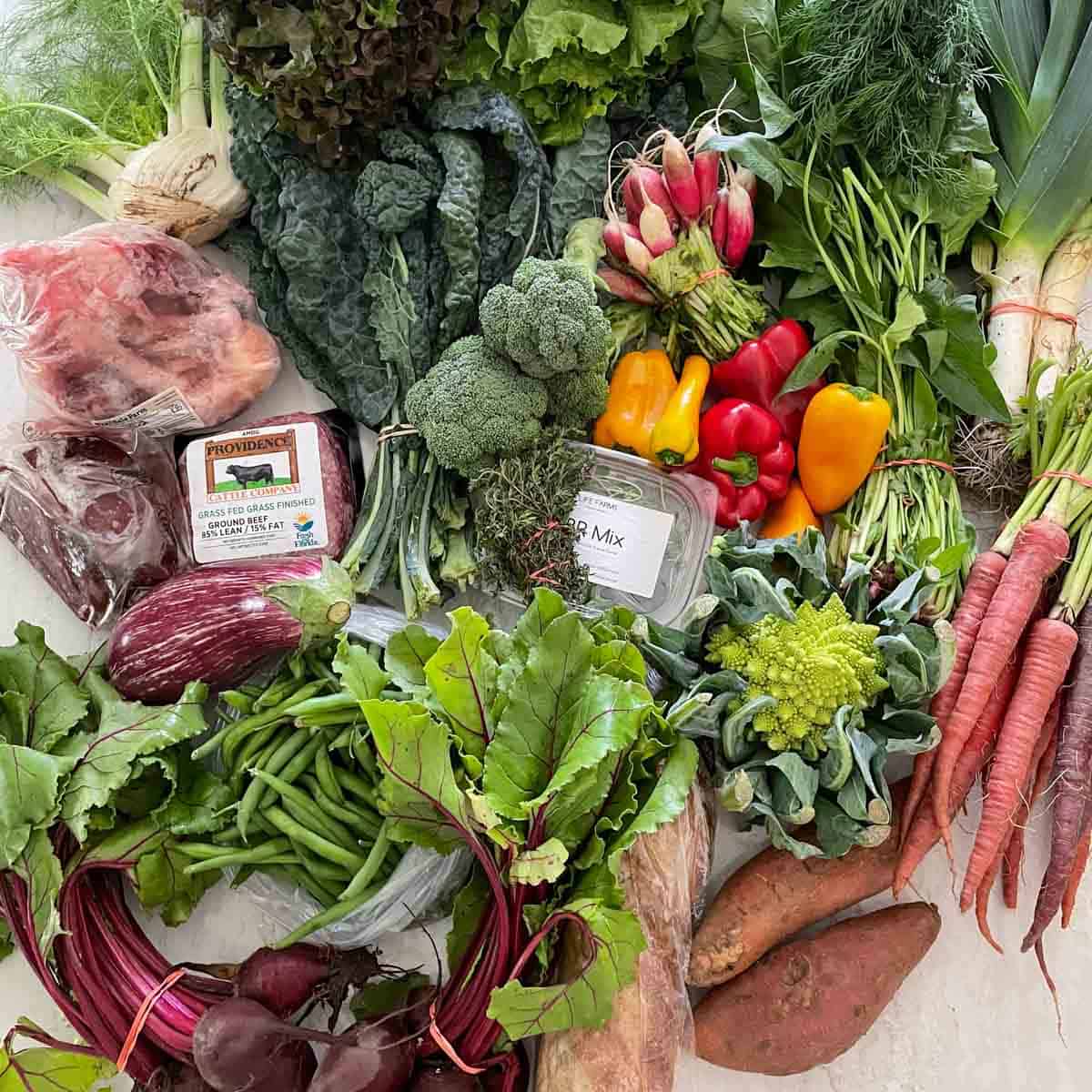 Photo of vegetables and meat bought at a farmer's market