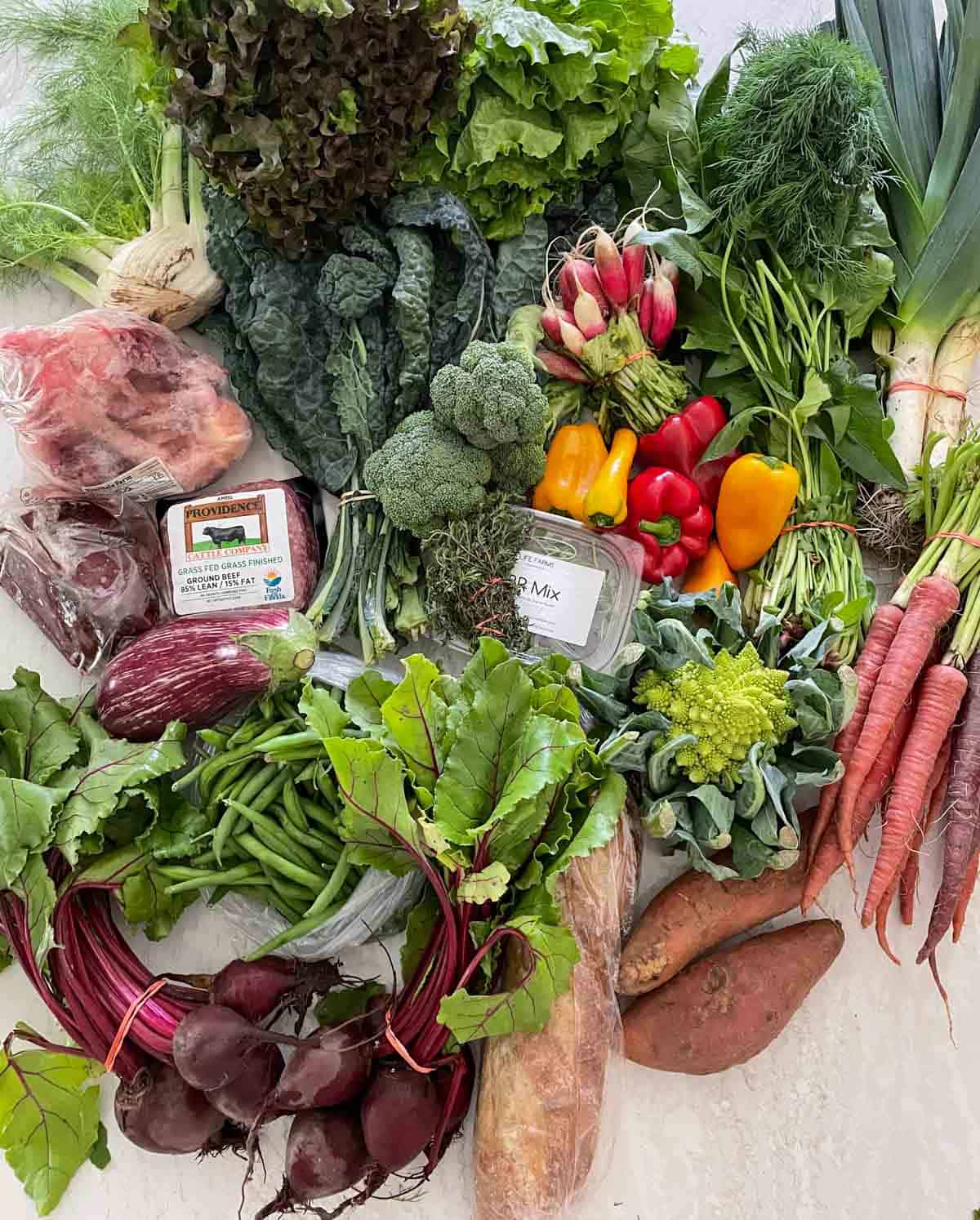 Farmers market haul, fresh veggies and meat from a local farmers market