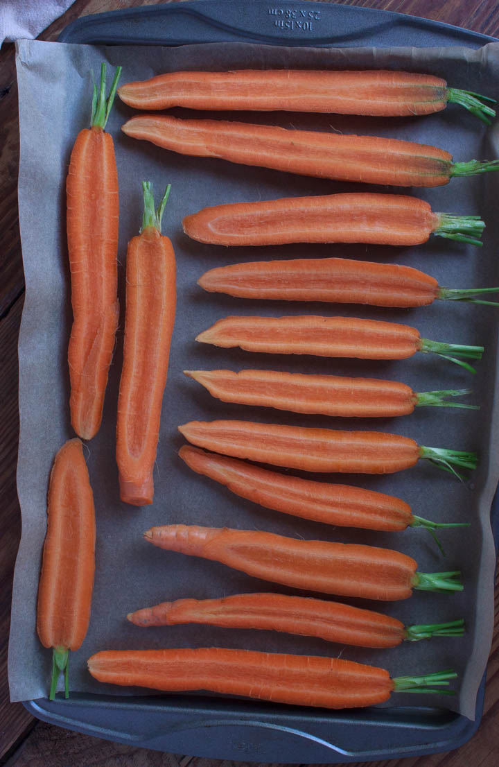Carrots cut and in pan to prepare for roasting
