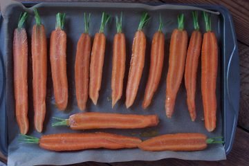 Carrots cut and in the pan, ready to roast