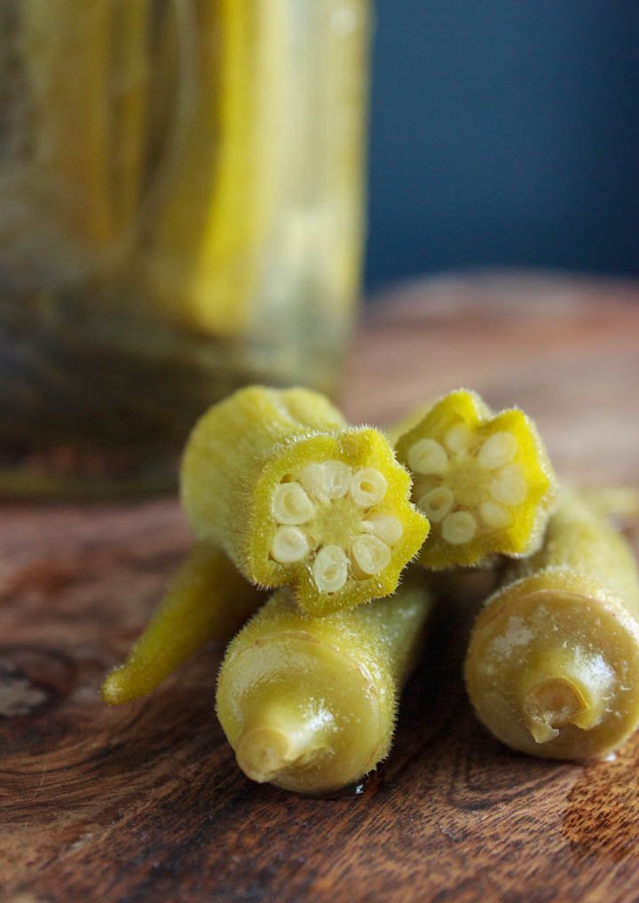 Fermented okra sliced to show the inside of the okra. It's not slimy!

Crunchy Fermented Okra with Dill