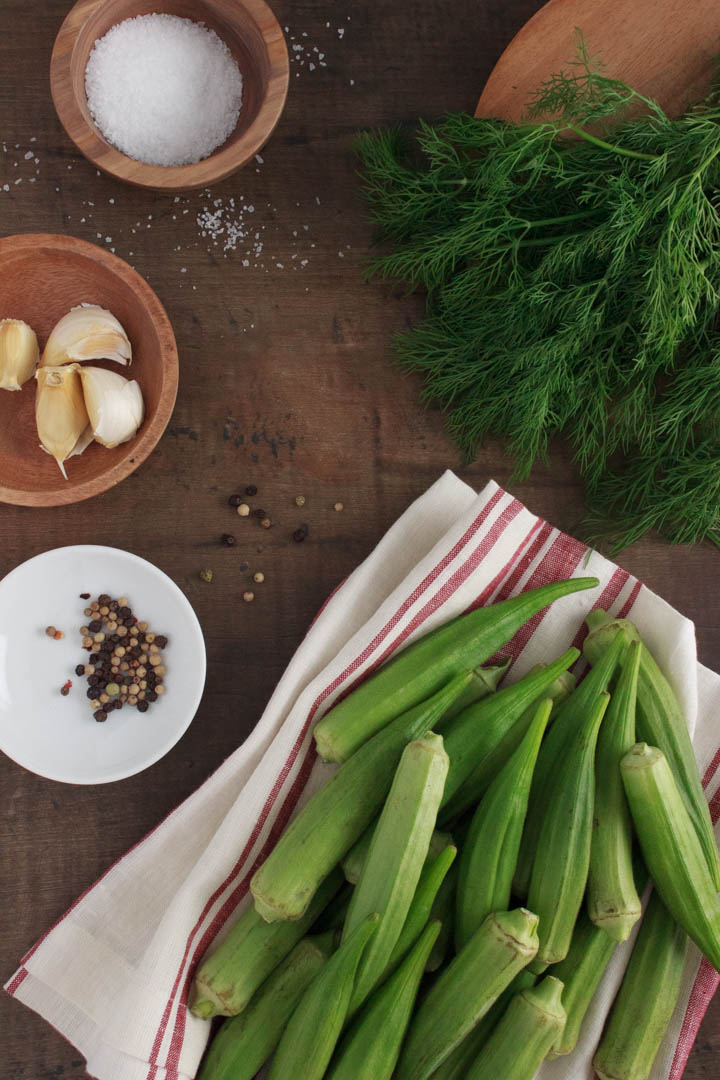 Ingredients to make fermented okra: fresh organic okra, fresh dill, kosher salt, garlic gloves, peppercorn.