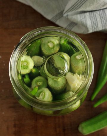 Okra in jar with fermenting weight