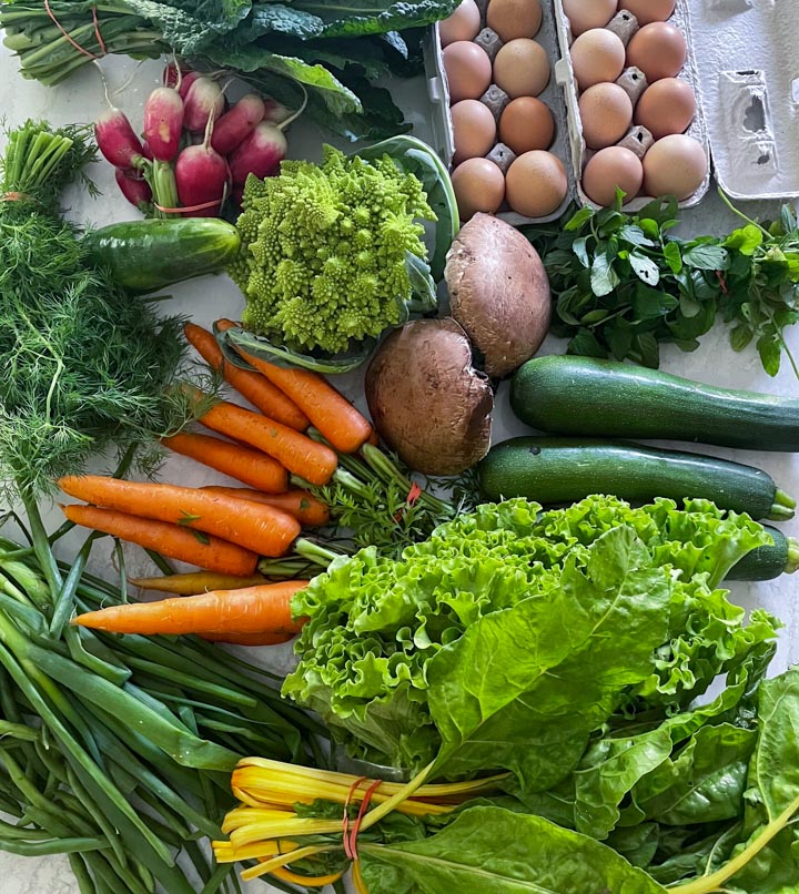 Farmers market finds, including farm fresh eggs and lots of veggies