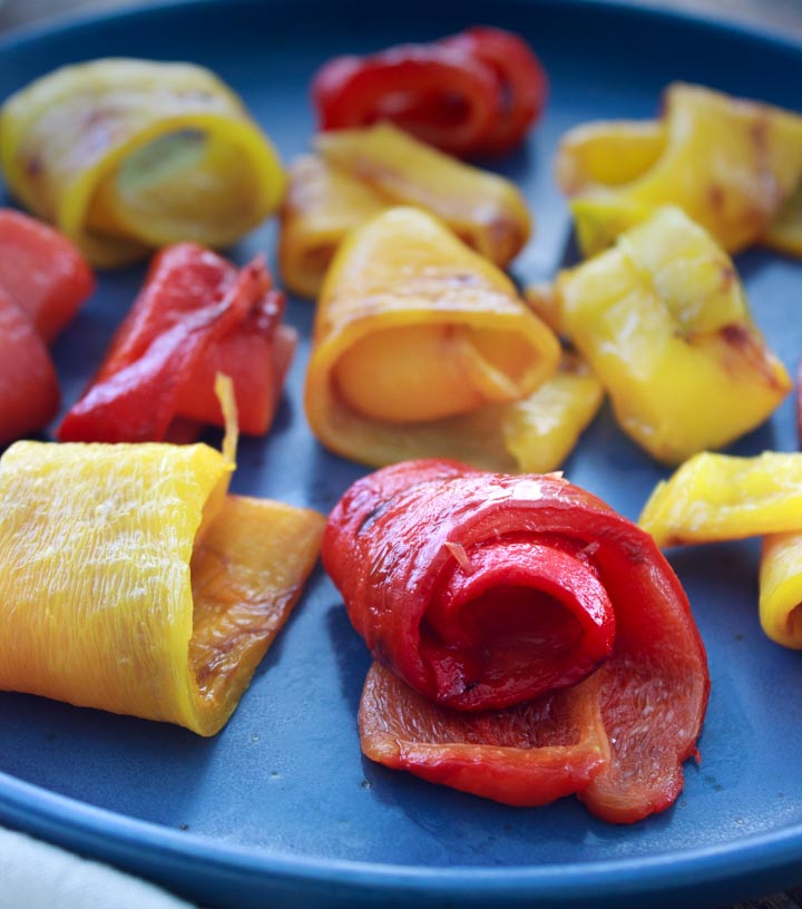 Roasted sweet peppers, done and on a plate.