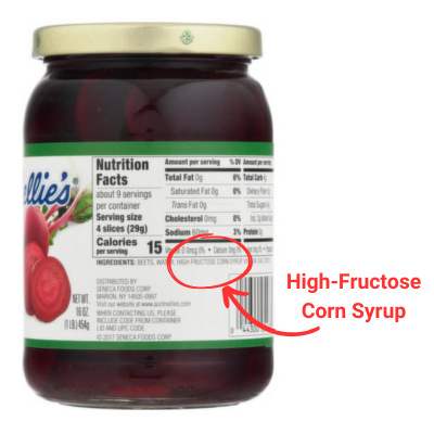 Aunt Nellie's pickled beets - ingredient label showing high-fructose corn syrup