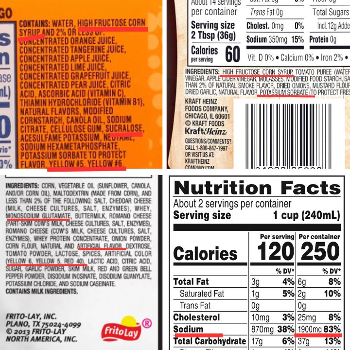 Processed food labels showing unhealthy and toxic ingredients.