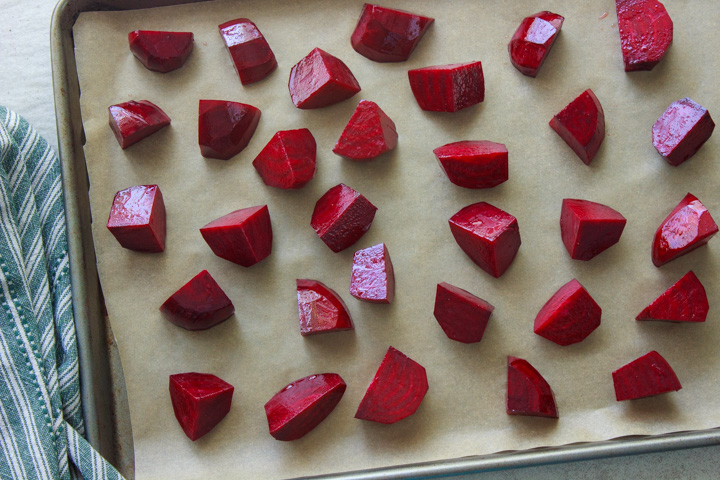 Chopped beets on a roasting pan