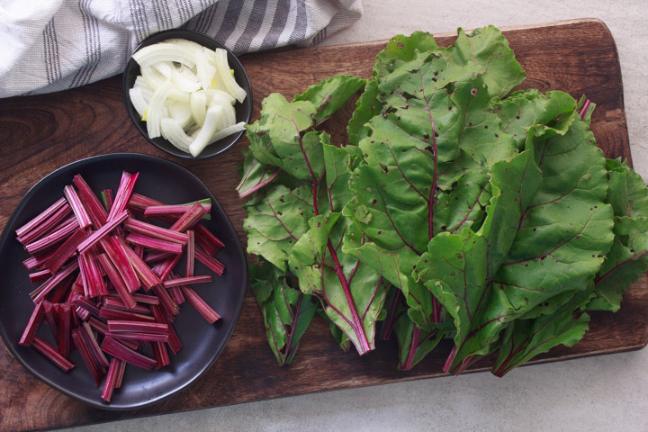 Prepared ingredients to make Sautéed Beet Greens