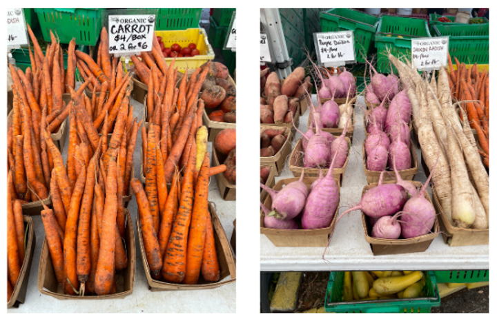 Discounted produce at the farmers market (carrots, radish)