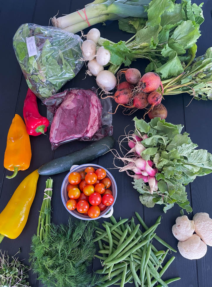 Photo of what I buy at the farmers market. Includes golden beets, cherry tomatoes, grass-fed chuck roast and other veggies.