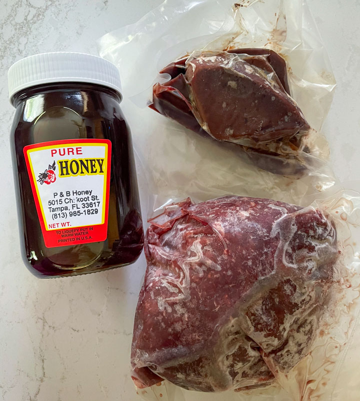 Farmers market finds: local honey, grass fed beef liver and chopped steak.