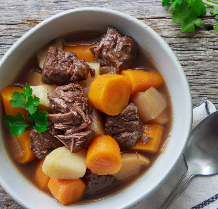 Gluten-Free Beef Stew with rutabaga in a bowl and ready to eat