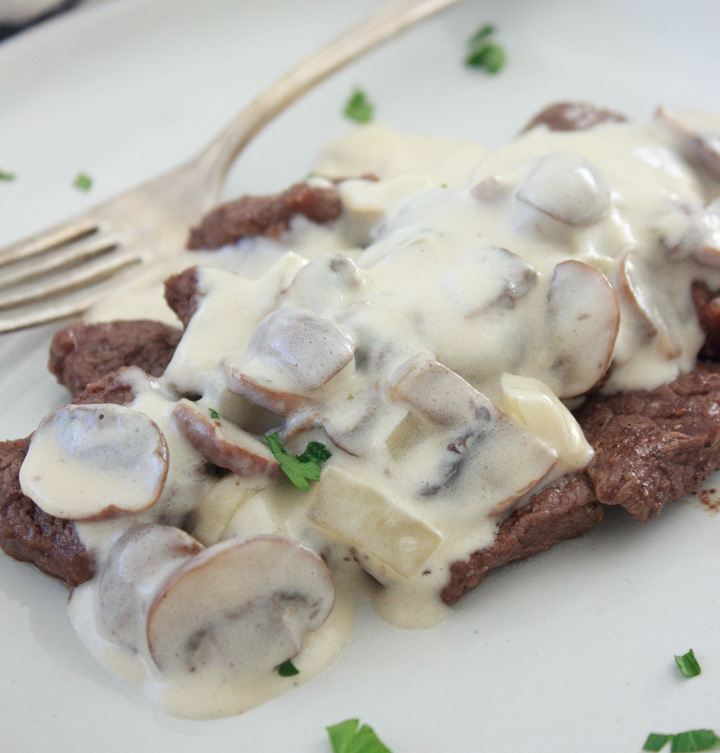 Creamy mushroom sauce on chopped, grass-fed steak.