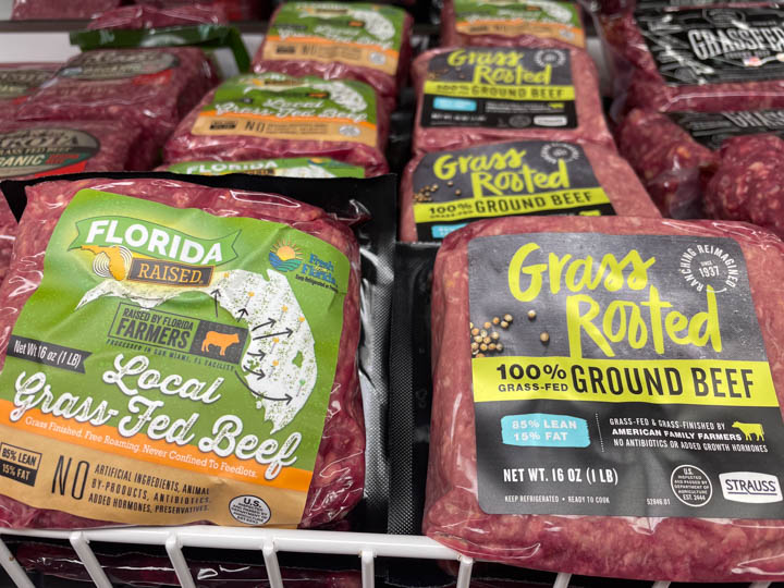 Grass-fed ground beef at the grocery store. Florida Raised and Grass Rooted.