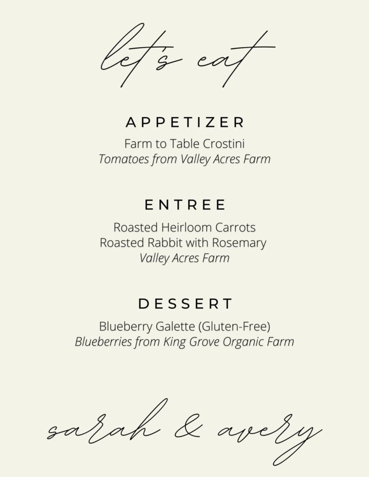 Sample Farm to Table Dinner Menu "let's eat"