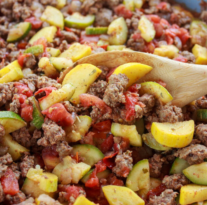 Grass-Fed Ground Beef & Summer Squash Skillet - close up shot of the dinner cooked