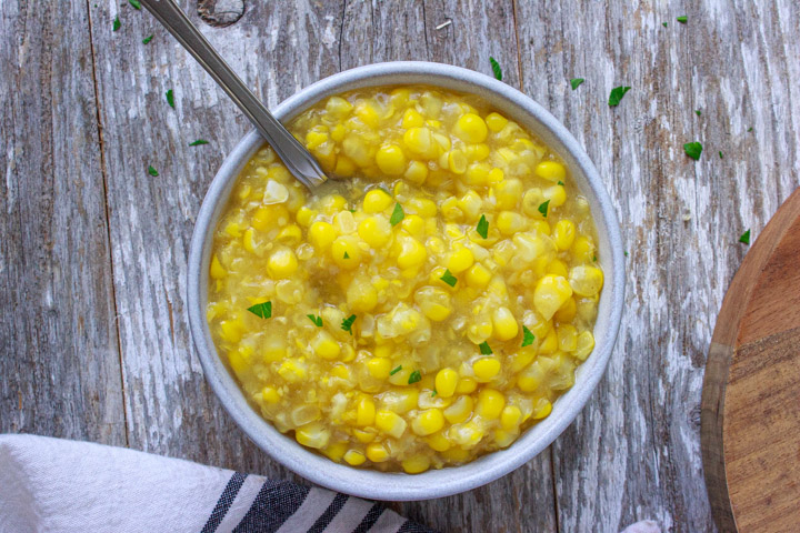 Bowl of homemade cream corn made with this easy recip