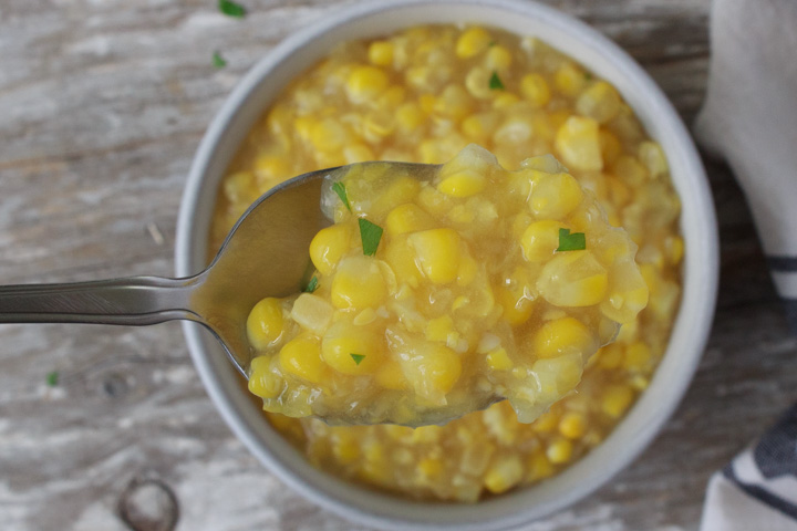 Spoonful of homemade cream-style corn
