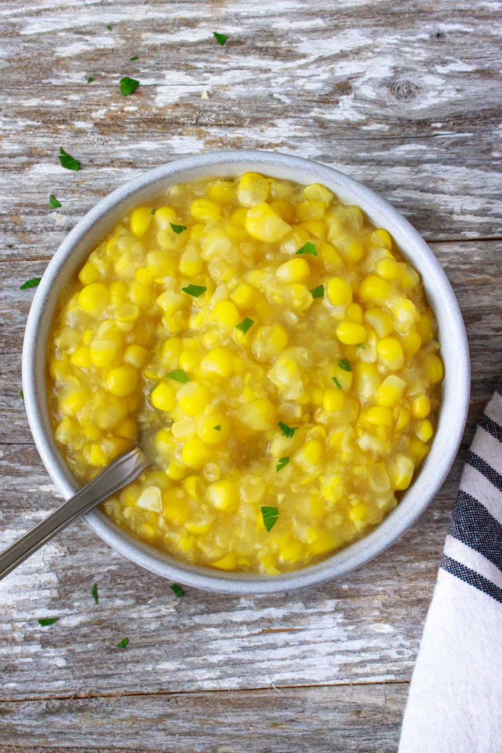 Bowl of homemade creamed corn made with fresh corn