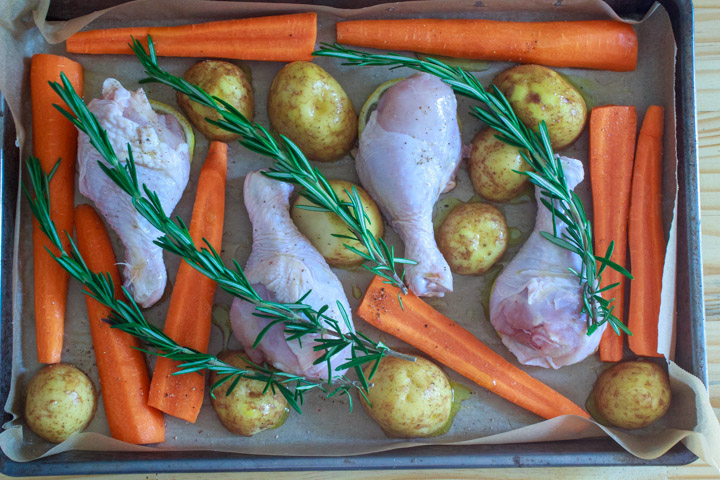 Easy One Pan Lemon Chicken Drumsticks and Potatoes - Step 4: Sheet pan ready to go in the oven