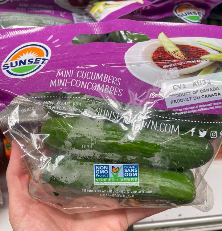 Bag of hydroponic mini cucumbers with brand name: Sunset