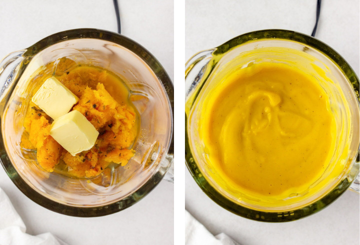 Roasted butternut squash ingredients in a blender to puree