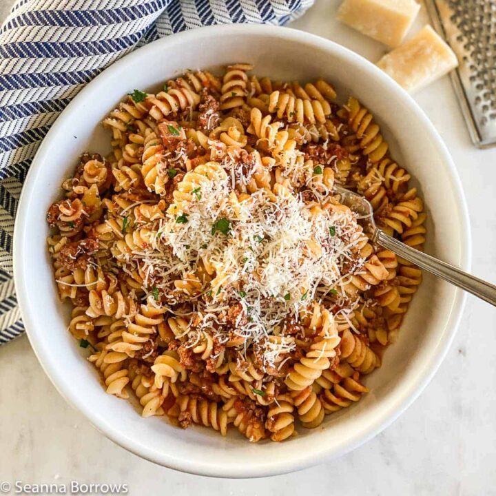 Bowl of ground bison pasta