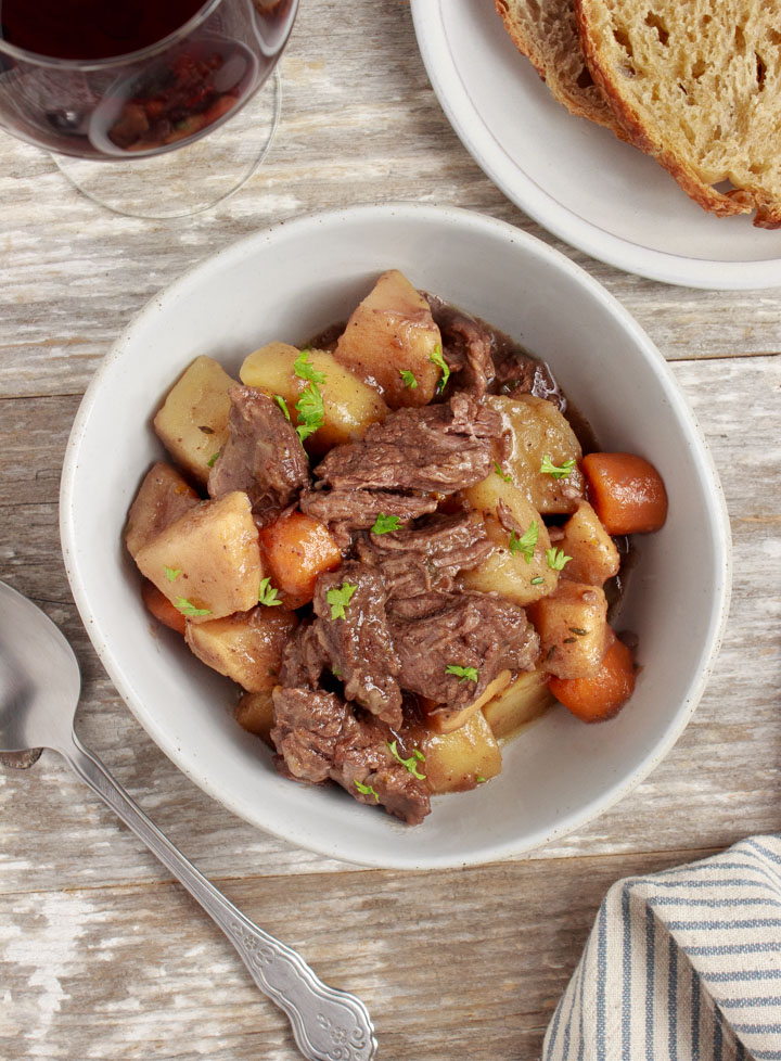 Classic Beef Stew with Red Wine (Slow Cooker Recipe) - served with sourdough bread
